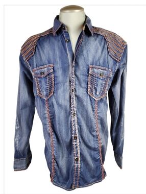 Roar Signature Button Front Embroidered Shirt Long Sleeve Blue Size XL